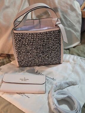 kate spade White and Black Woven Small Shoulder Bag with Wallet